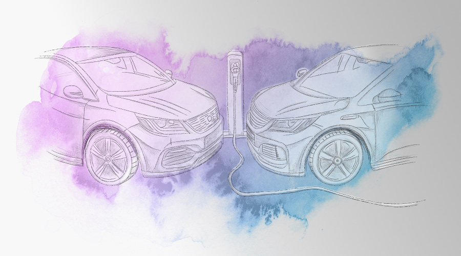 Volkswagen x Ford in a line art drawing with purple and cyan watercolour